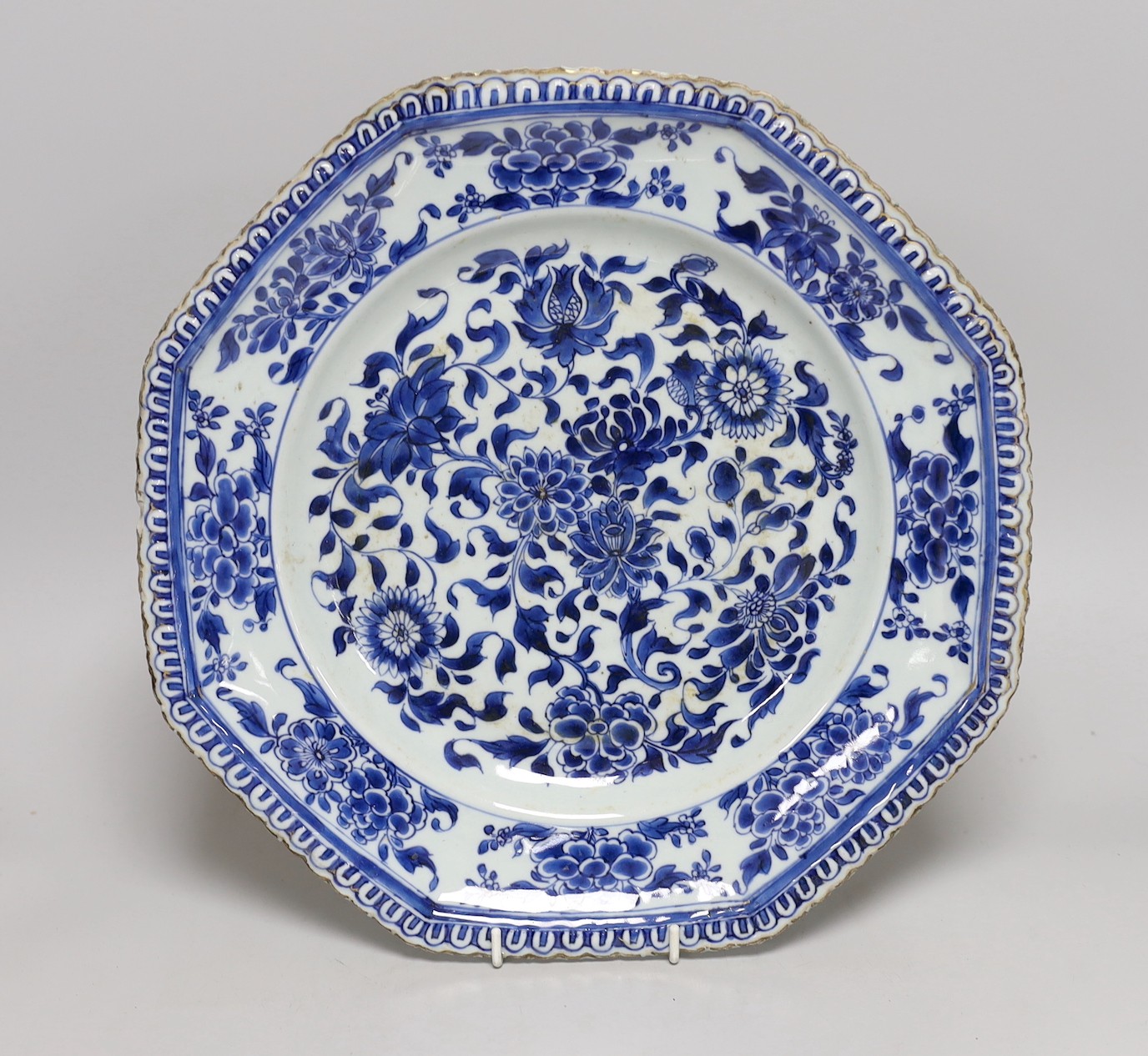 A Chinese blue and white octagonal floral dish, Kangxi period, 36cms diameter, the base with lingzhi symbol in a double circle